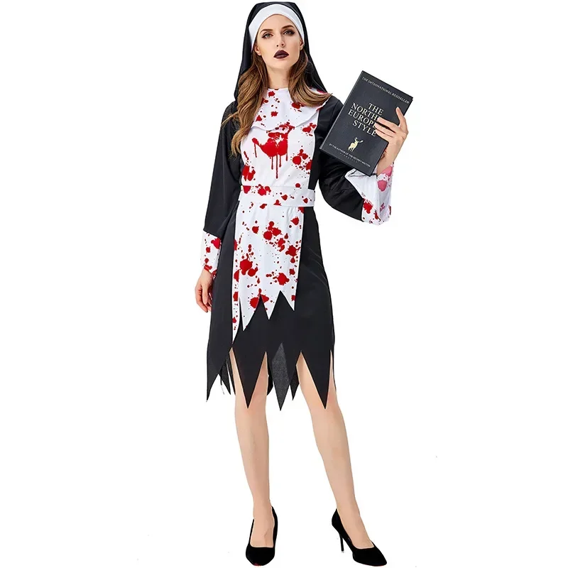 Bloody Nun Kostuum Cosplay Voor Volwassen Halloween Kostuum Voor Vrouwen Scary Klooster Nun Pak Carnaval Party Dress Up