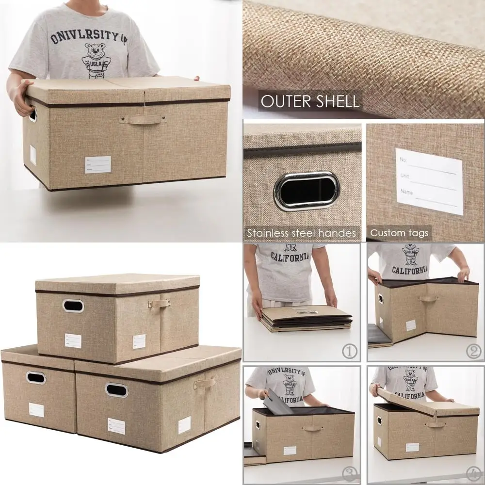 

Складные джутовые контейнеры для хранения из трех предметов с крышками для дома, спальни, шкафа и офиса цвета хаки (23,4x15,9x11,5)