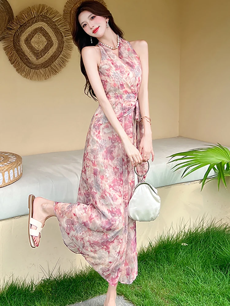 サマーピンク花柄ボウ包帯ボディコンロングドレス レディース エレガントラグジュアリーネックマウントドレス 2025 韓国ヴィンテージフェスティバルドレス