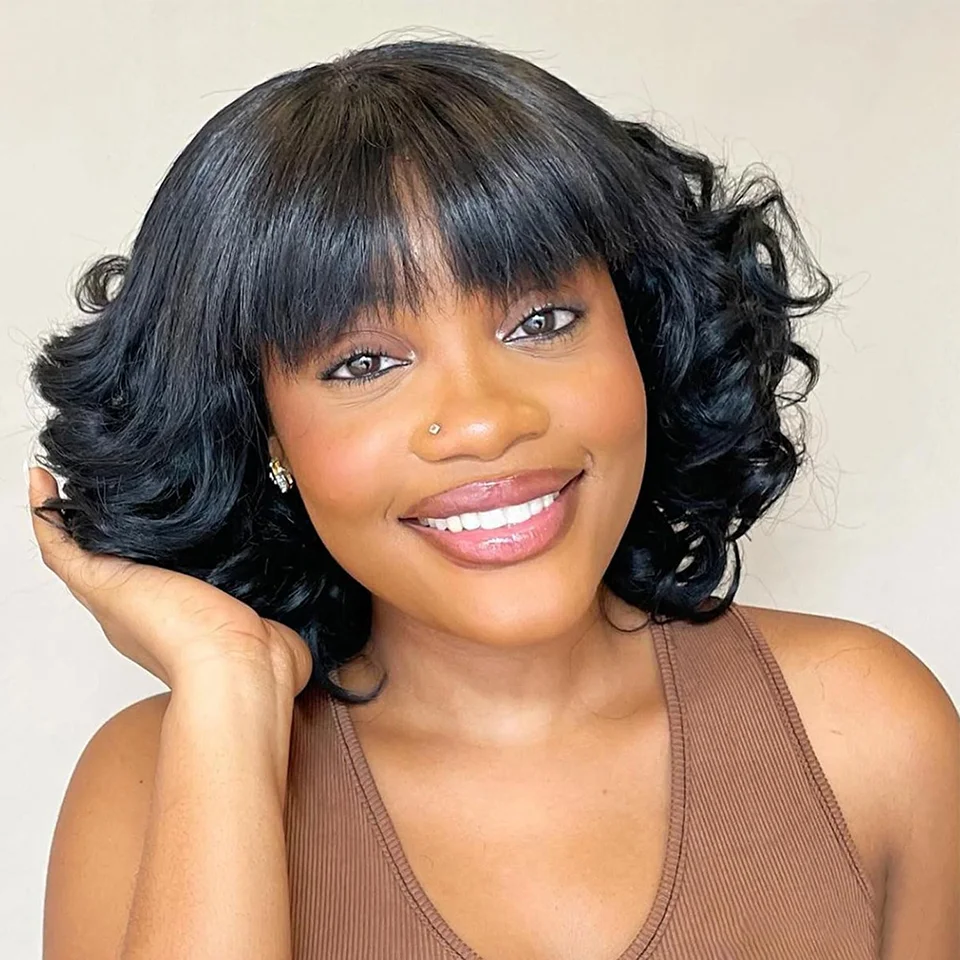 

Body Wave Wig With Bangs Short Wave Bob Style Wigs With Bangs For Women Daily Use Human Hair Bob Wigs Natural Black Bob Wigs