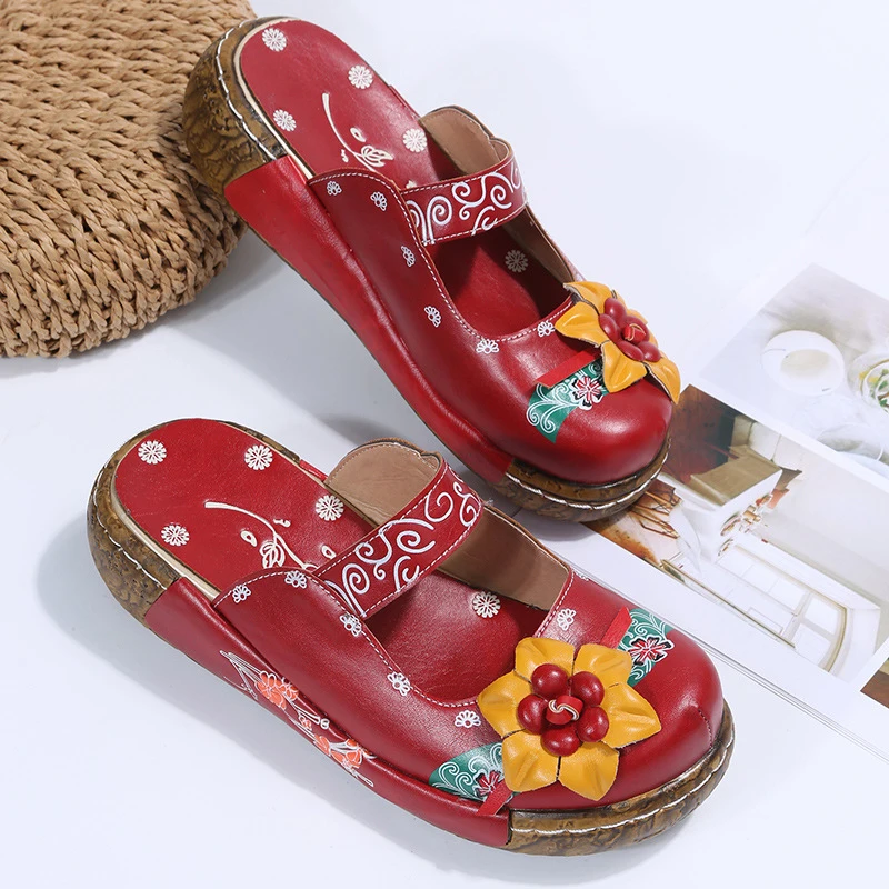 Summer Women Platform Wedges Sandals Slippers Handmade Slides Hand-painted Women Shoes Bohemian Retro Ethnic Sewing Shoes