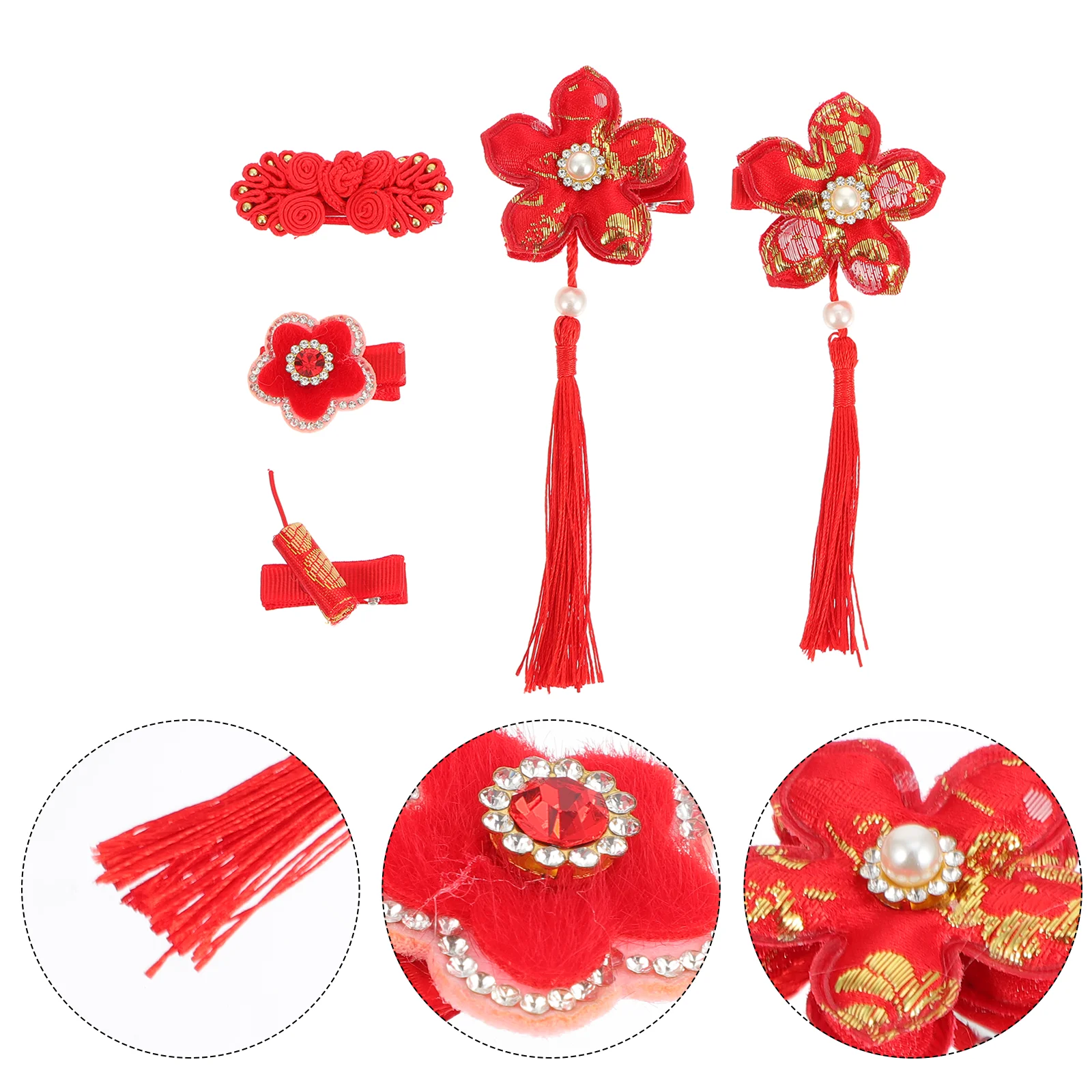 

5 Pcs Girls Hair Accessories New Year's Set Chinese Style Hanfu Clip Red Clips Baby