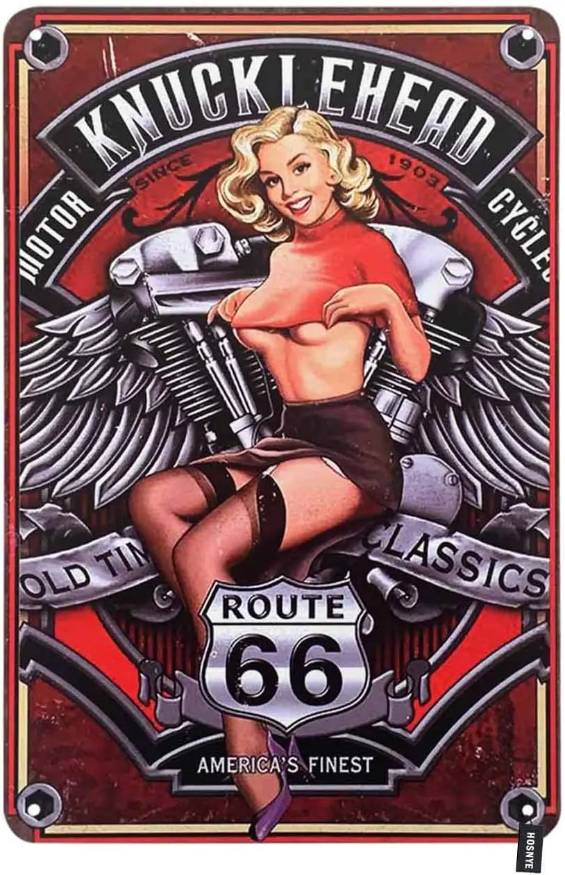 1f, HOSNYE Motor Pin Up Girl Оловянная вывеска с надписью с костяной головой Классическая жестяная вывеска Винтажные металлические жестяные вывески для мужчин и женщин Настенное искусство