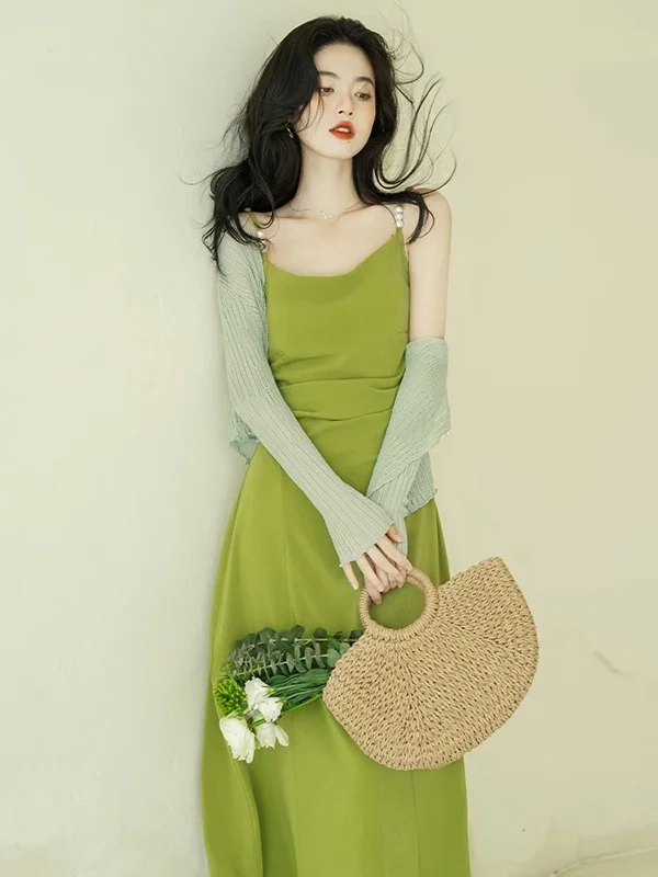

Elegant Summer Open Cardigan Green Dress Two-Piece Set Women's Fashion Ensemble Long Sleeve French Style Polyester Fiber