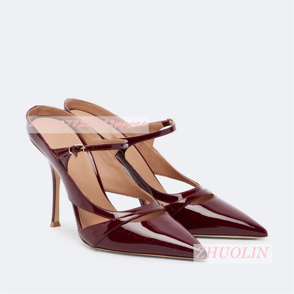 Burgundy Patent Leather Pointed Stiletto Mules Cutout Mary Janes Buckle Heels Wedding Evening Party Elegant Dress Slip On Pumps