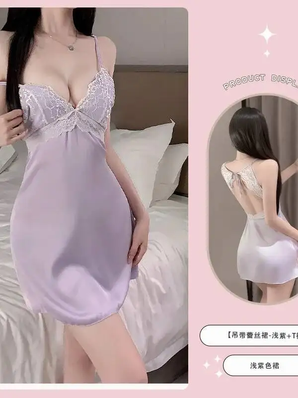 جديد مثير ملابس للنوم فستان مع منصات الصدر الدانتيل الساتان الجوف خارج جميل الظهر رغبة نقية فستان عارية الذراعين عميق الخامس أكمام TW0C #6