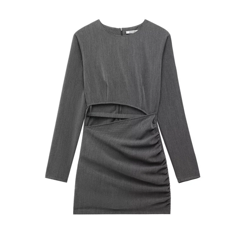 فستان قصير نسائي بتصميم نحيف لفصل الربيع 2025، وصول جديد، تصميم مفتوح مع تفاصيل حزام، أسلوب مناسب للتنقل، أكمام طويلة، مصنوع ...