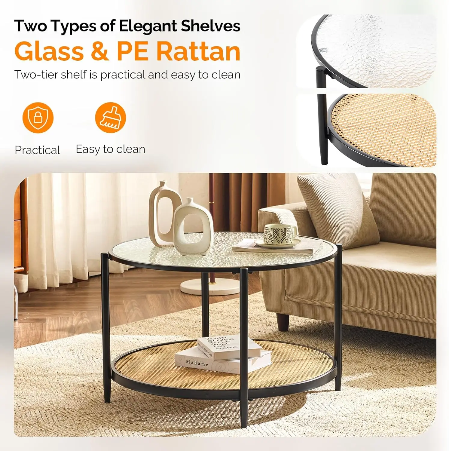 Modern Two-Tier Glass Coffee Table with Rattan Shelf for Home Decor and Storage, 30 Inch Round Living Room Furniture