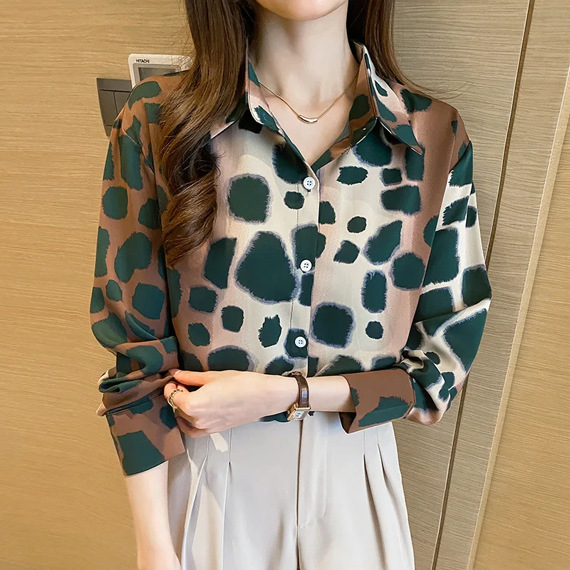 Stunning Women's Long Sleeve Chiffon Blouse with Leopard Print - Korean Style, Trendy Fashion, Elegant Design, Breathable