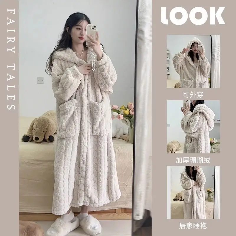 Winter Loose Pocket Robe for Women Nightdress Warm Fleece Pajama One Piece Hooded Sleeping Solid Home Wear