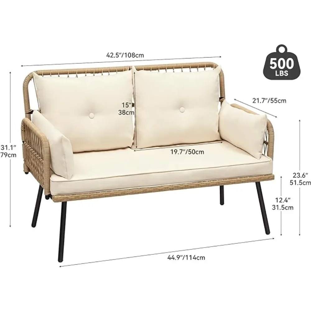 Loveseat exterior de vime, mobília do pátio, Rattan para todos os tempos, conversa para o quintal, o balcão e a plataforma, com coxins macios