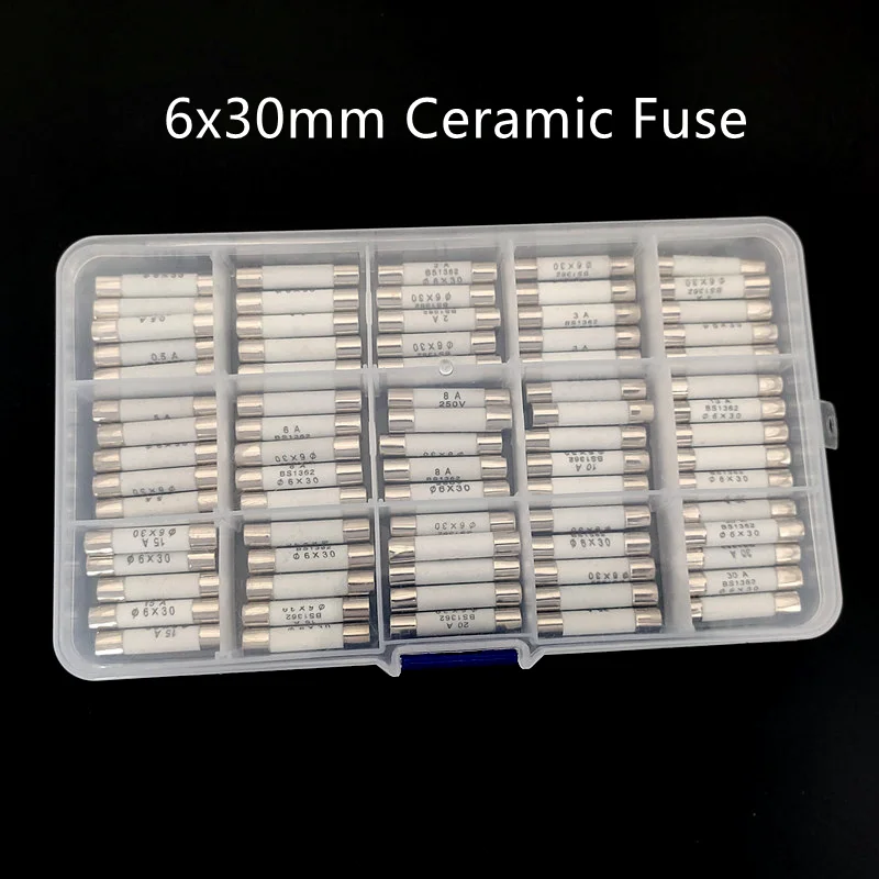 75pcs/boxed 6x30mm Ceramic Fuse 0.5A 1A 2A 3A 4A 5A 6A 8A 10A 13A 15A 20A 25A 30A 250V 6x30mm Insurance Tube Assortment Kit