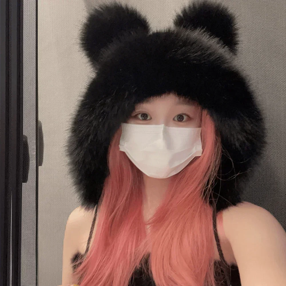 Women Imitation Mink Plush Hat Cute Bear Ear with Ball Kawaii Winter Warm Thickened Bomber Hats JK Cap Ear Protection Cap