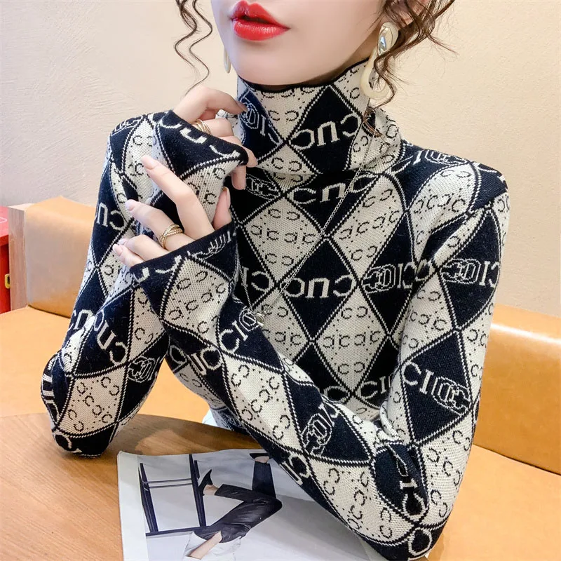 Women Elegant Fashion Letter Color Blocking Jumpers Top 2024 Spring New Turtleneck Slim All-match Knitting Sweater Lady Pullover