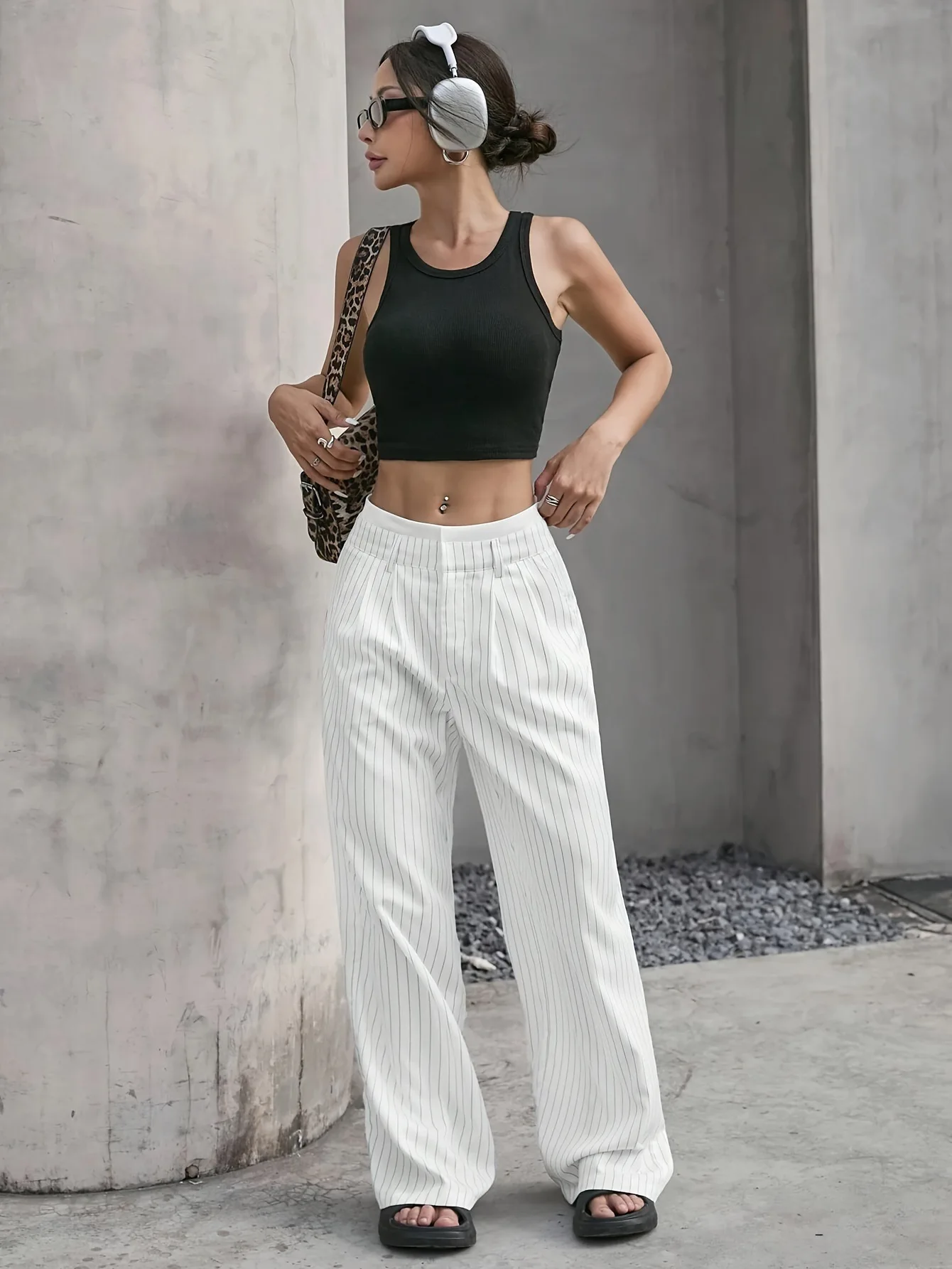 Pantalon pleine longueur imprimé à rayures pour femmes, taille haute, mode décontractée Y2k, ample, jambes larges, Streetwear, printemps automne 2025