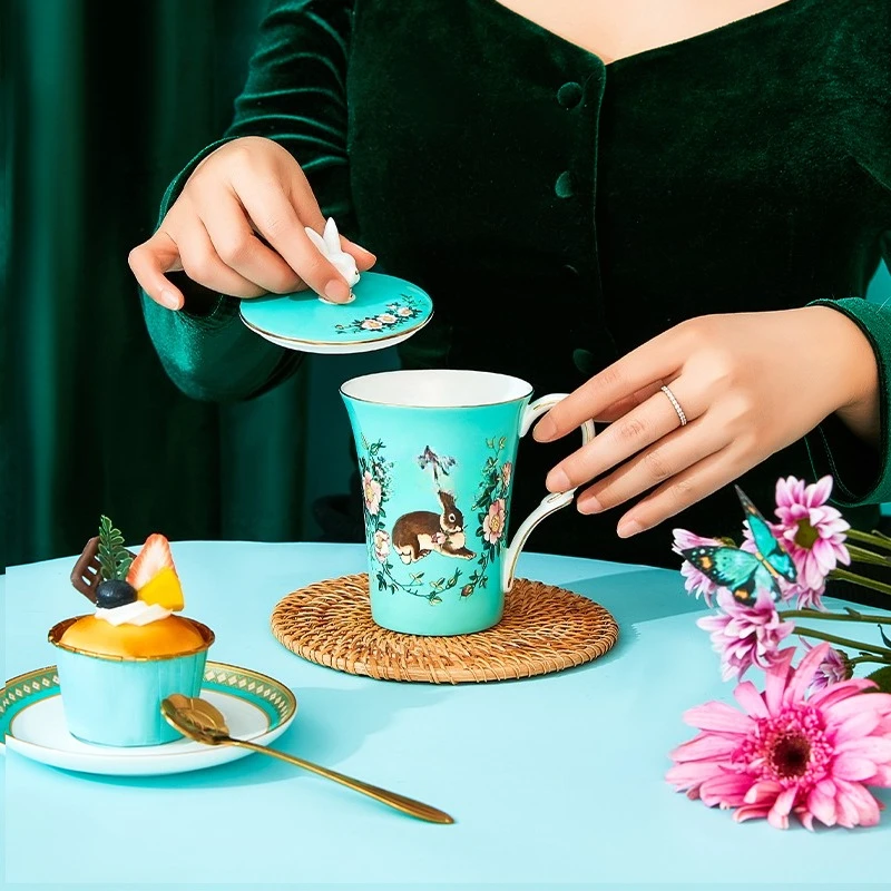 

Afternoon Tea English Secret Garden Teacup, Rabbit Bone China Mug with Lid