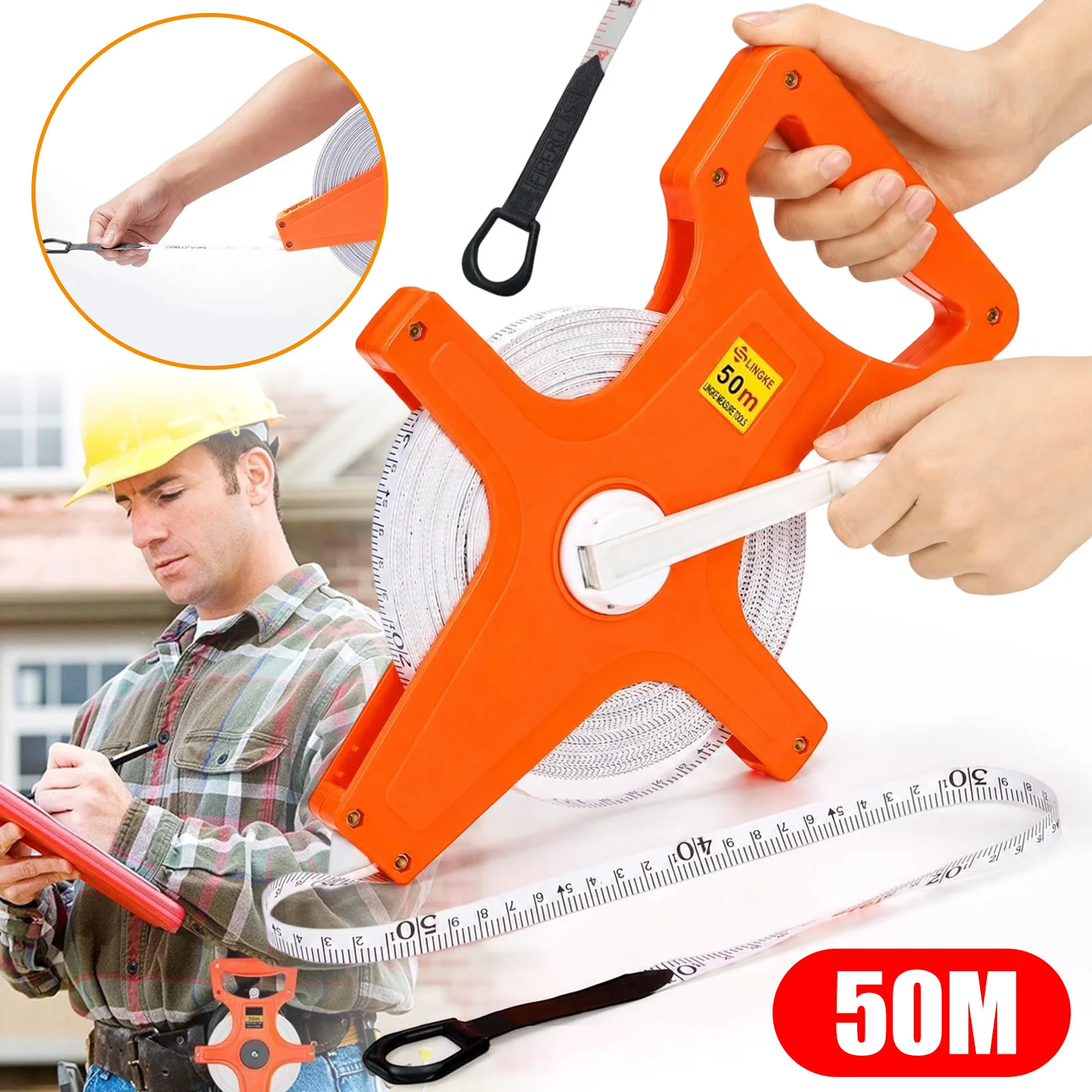 Mètre ruban rétractable à manivelle manuelle, 50 mètres, double échelle métrique-imperiale, cadre en plastique de fibre de verre durable, outil de mesure portable pour chantier de construction, levé topographique, jardin, travaux de bricolage à domicile.