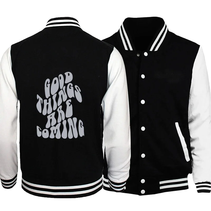 Good Thing Are Coming Printed Coats Hip Hop Male Baseball Suit Pocket Fleece Jackets Splicing Comfortable Neutral Sportswear