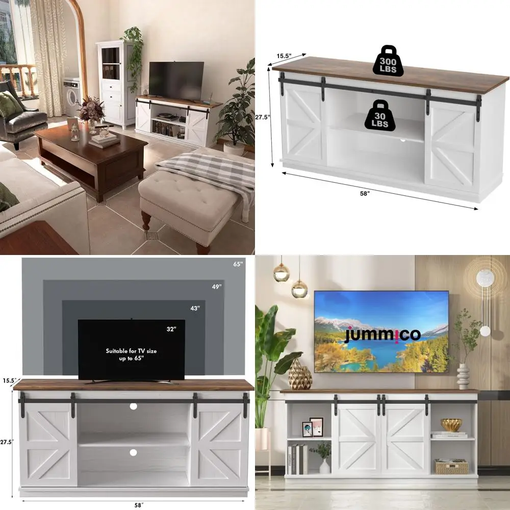 

Mid-Century Modern 65 TV Stand with Storage and Sliding Barn Doors in Bright White