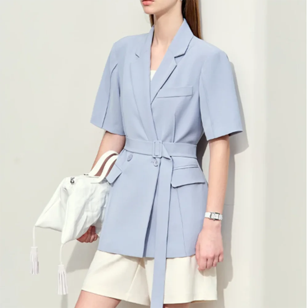 2024 Summer New Arrival Cool Light Blue Black Women Suit Double Breasted Peak Lapel 2 Piece Jacket Pants костюм женский