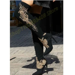 Gold Crystal Pattern Over the Knee Boots Suede Stiletto High Heel Chinese Style Fashion Women Shoes 2024 Zapatos Para Mujere