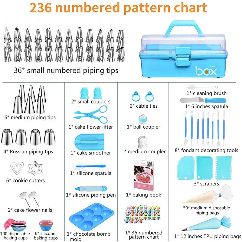 LMETJMA 236Pcs Cake Decorating Tools Piping Bags and Tips Set Cake Decorating Supplies Kit with Frosting Tips For Kids JT76