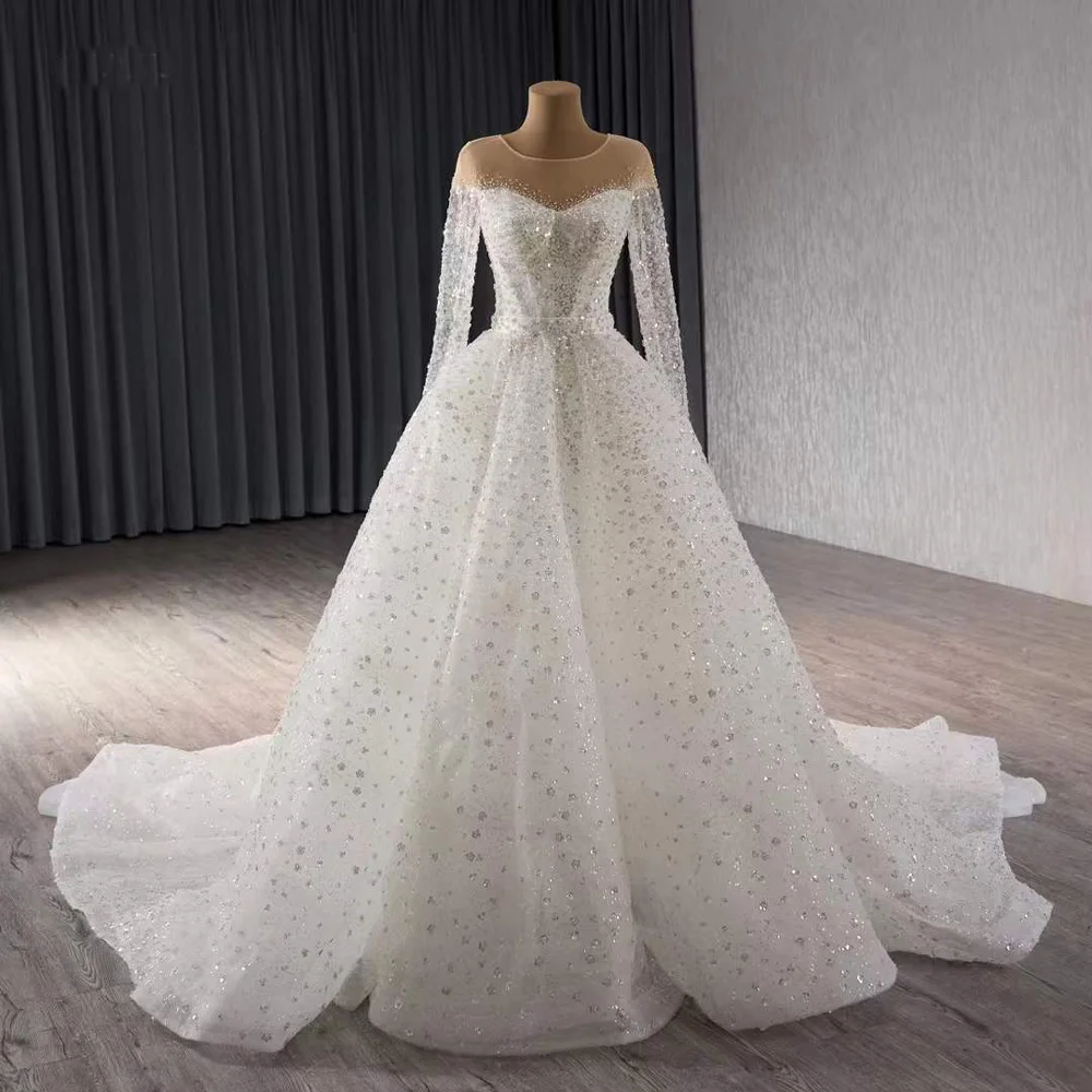 Custom Wedding Dress O-Neck Long Sleeve Detachable Skirt Sequins Beading Lace Up Back Customized White Wedding Dresses