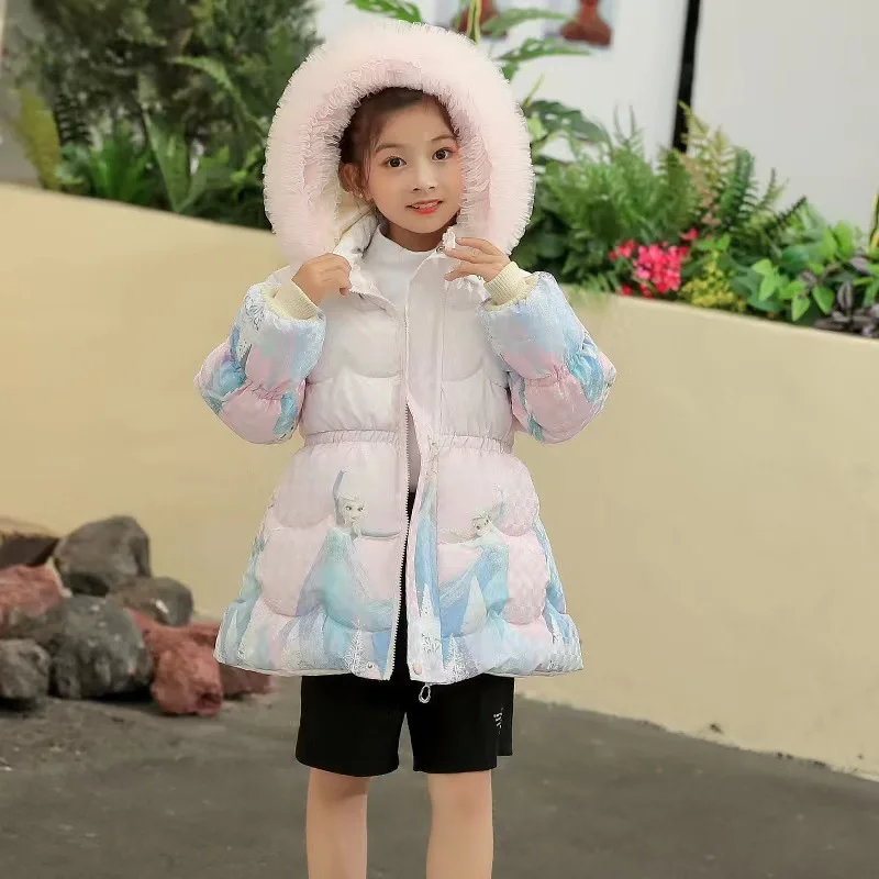 

Girls' winter clothing, thickened medium long cotton jacket, stylish little girl's ice and snow adventure down cotton jacket, Pr