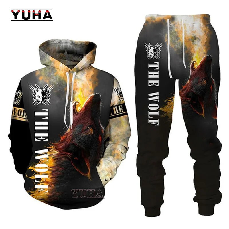 Wolf 3d Printed Hoodie Pants Suit Male Autumn and Spring Casual Sweashirt Pullover Men Tracksuit Set Fashion Men's Clothing Suit