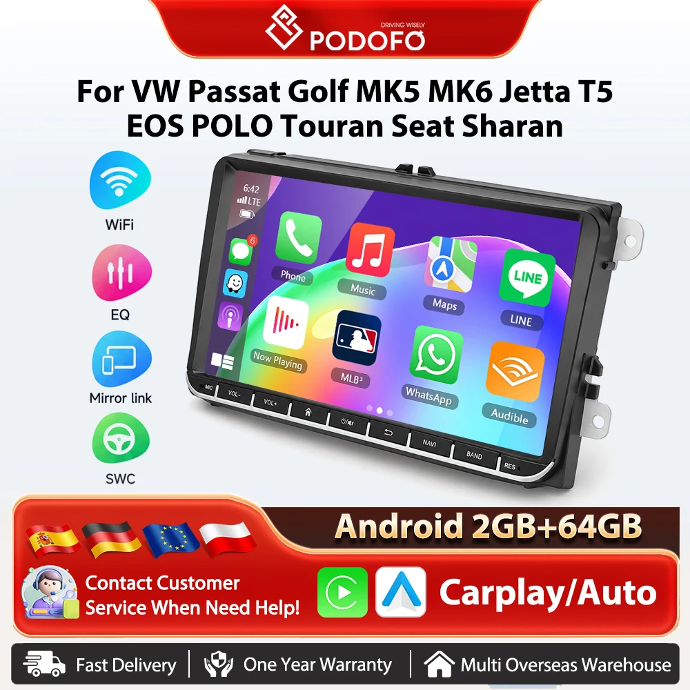 Autoradio Podofo 9'' con Carplay Wireless e Android Auto per VW Passat Golf MK5 MK6 Jetta T5 EOS, Navigazione GPS, BT, FM/RDS, 2din, Sistemi Intelligenti per Auto, Unità Principale Plug&Play, SWC,