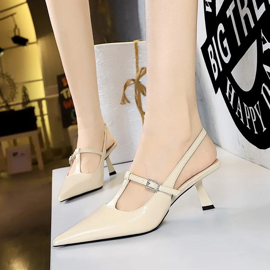 

Women's Korean Version Shoes High Heels Shallow Mouth Pointed Toe T-shaped With Buckle, Hollowed Back Women Pumps туфли женские