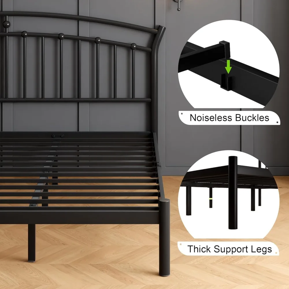 إطار سرير Feonase بحجم كينج مع لوح رأسي، إطار سرير معدني أسود شديد التحمل مع 13 شريحة فولاذية صلبة، و12 مساحة تخزين تحت السرير