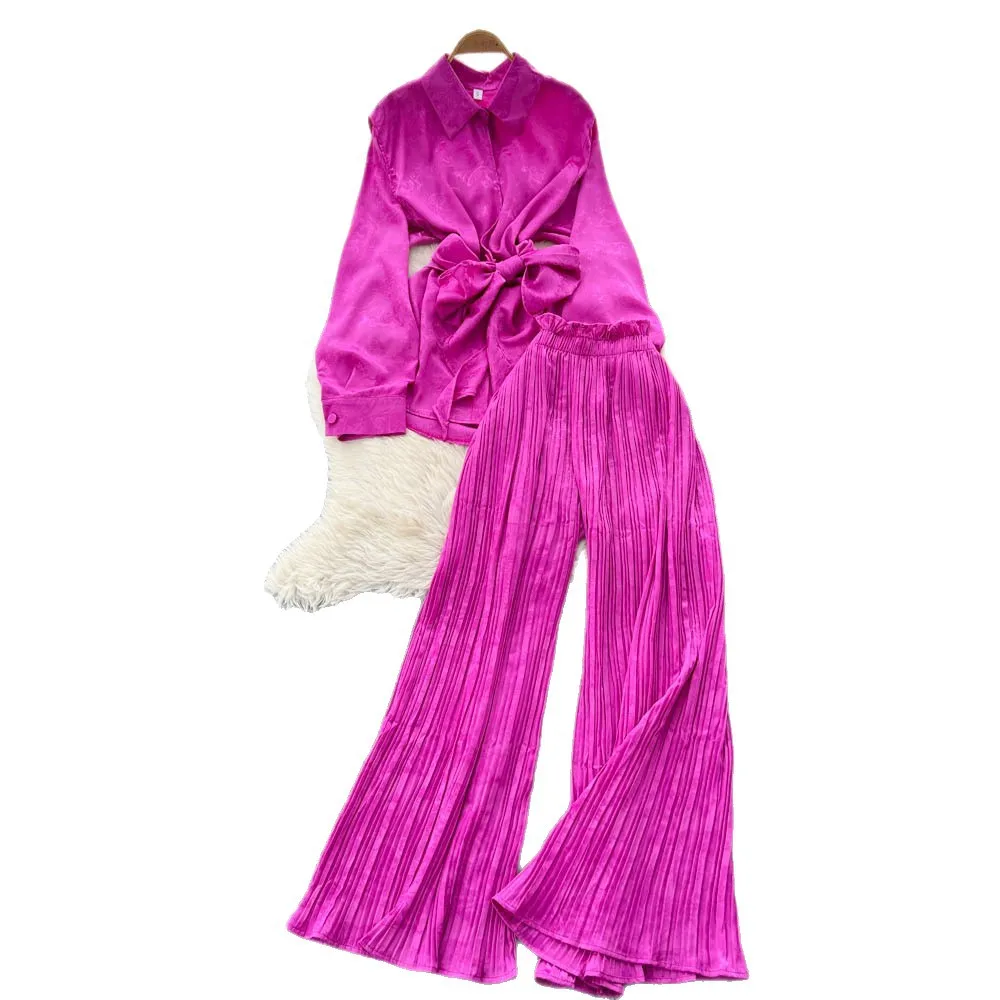 Women Two Pieces Pant Sets Print Matching Sets Lace Up Turn Down Collar Top Pleated Empire Elastic Waist Pant Loose 2025 Summer