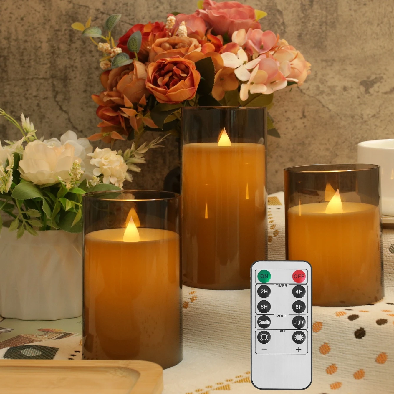 Set di 3 candele a colonna in vetro senza fiamma, set di 3 luci a LED tremolanti realistiche, telecomando e timer, ideale per la casa, il soggiorno, la camera da letto, le vacanze