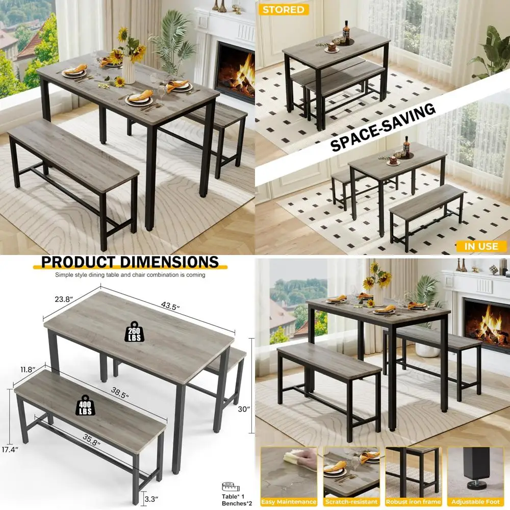 Durable 4-Person Dining Table Set with Bench, Easy Assembly Kitchen Table, Space-Saving Design Ideal for 4, Green