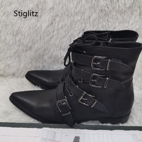 Black Belt Buckle Leather Ankle Boots for Men Pointed Toe Low Heels Outdoor Male Motorcycle Boots Fashion Business Party Shoes