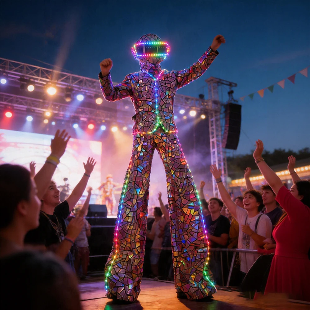 

Full Color LED Laser Pink Mirror Coating Stilts Performance Costume Glowing Man Suit with LED Helmet for DJ Stage Carnival