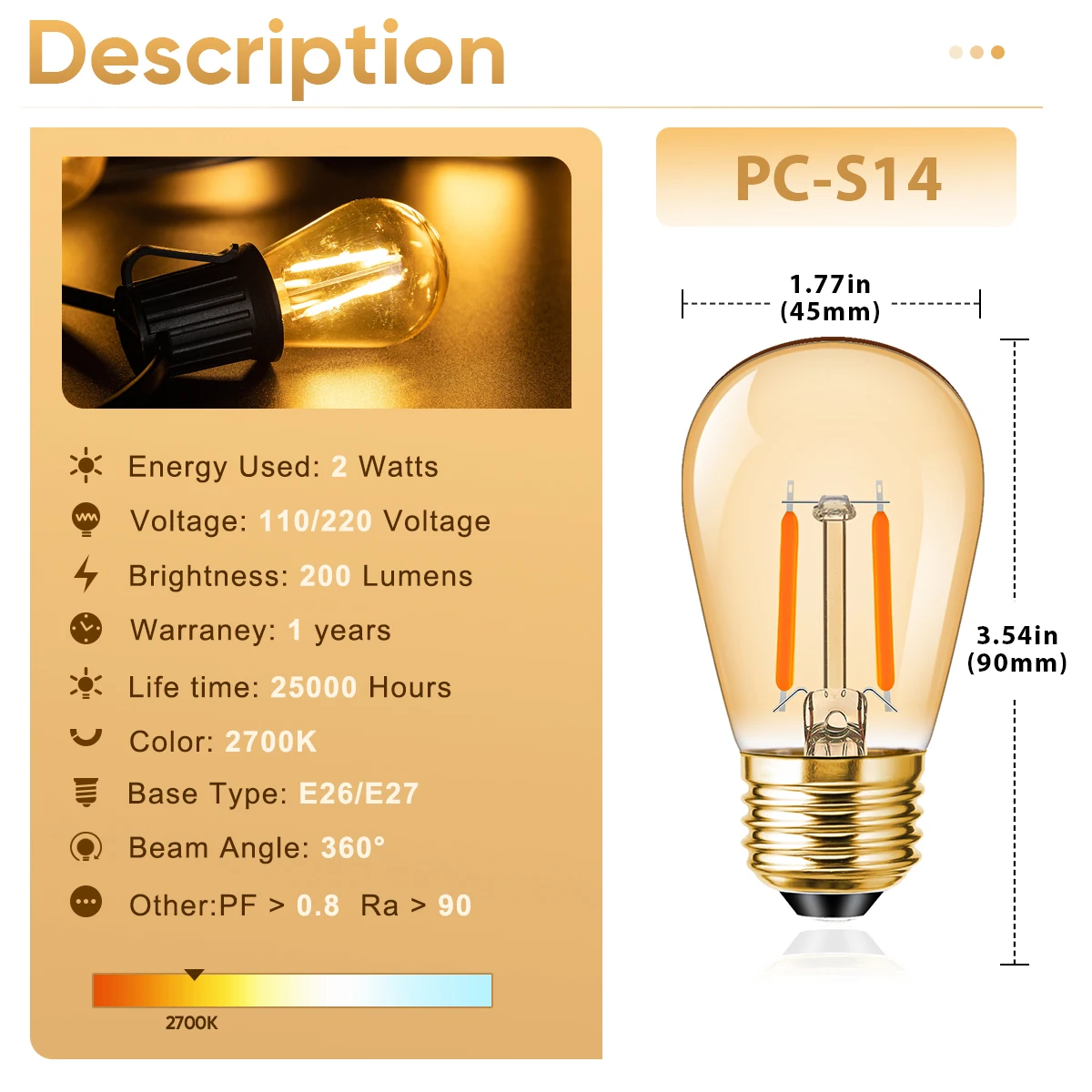 Bombilla Led de plástico S14 E27, atenuador de 220V, E26, 110V, 2W, Blanco cálido, inastillable, para exteriores, Vintage, decoración navideña