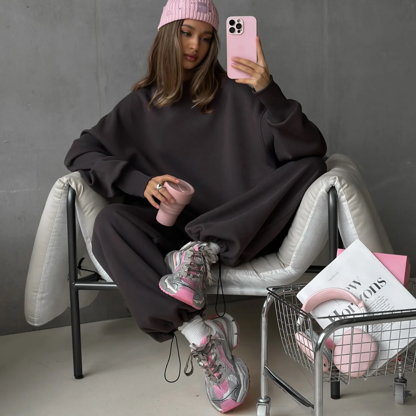Set da donna casual Girocollo in puro colore Felpa taglie forti Pantaloni sportivi a gamba larga Set da due pezzi Street Style Comodo per il tempo libero
