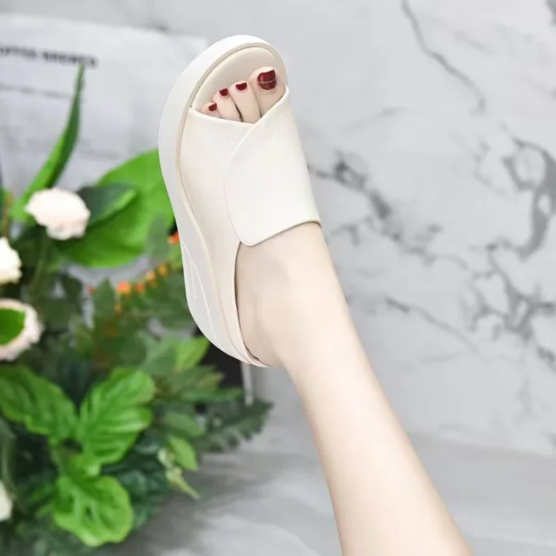 2024 Summer New Open Toe Sexy Solid Thick Sole Slope Heel Slippers for Women Outwear Comfortable Women\'s Single Shoes Sandals