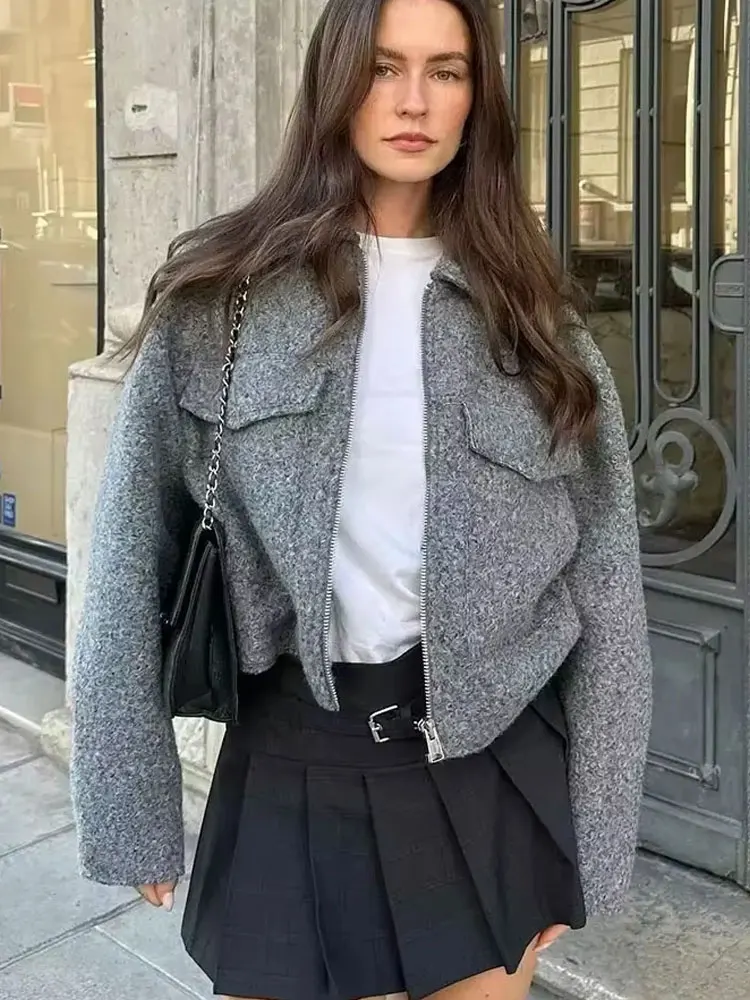 

HH 2024, осенние модные текстурированные куртки для женщин, с длинными рукавами и лацканами, однотонные передние карманы на молнии, женские повседневные пальто в стиле ретро