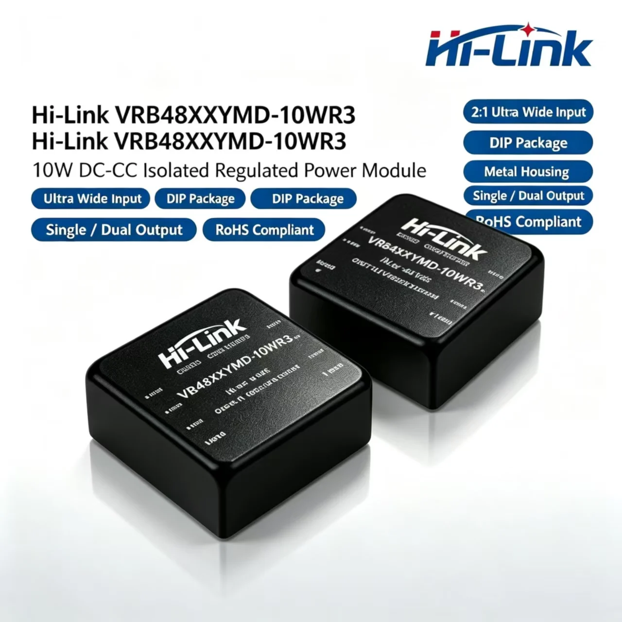 Hi-Link VRB48XXYMD-10WR3 10W DC-DC Isolated Regulated Power Module Ultra Wide Input DIP Single Dual Output RoHS Converter