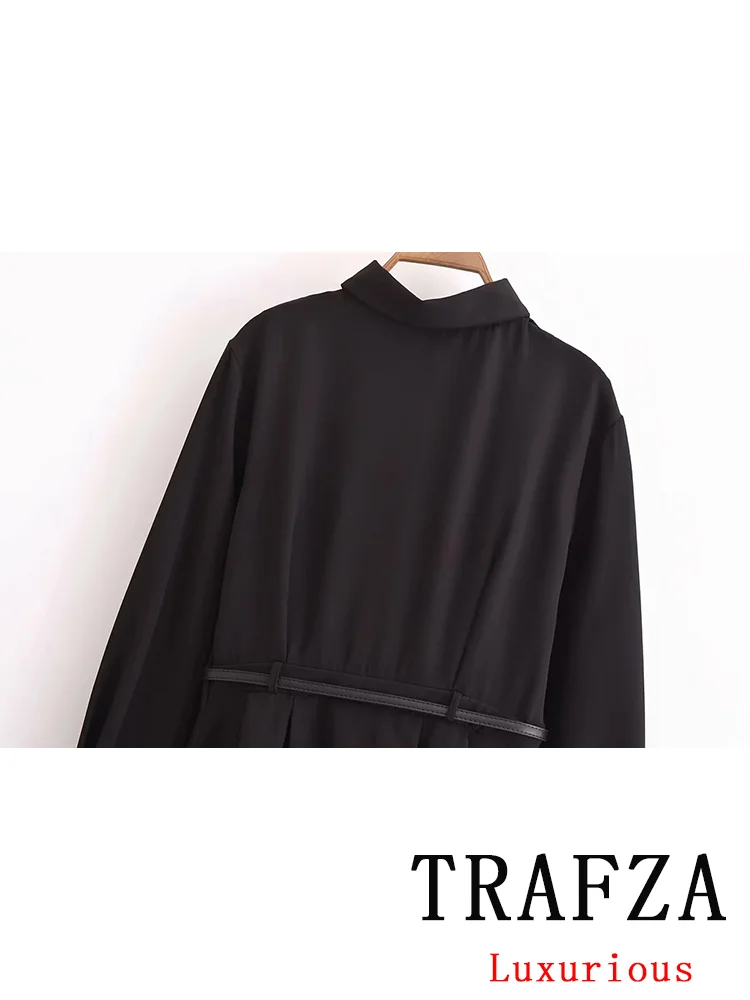 TRAFZA Vintage Casual Chic Women Dress Solid Long Sleeve Sashes Button Mini Dress New Fashion 2024 Autumn Winter Female Dress