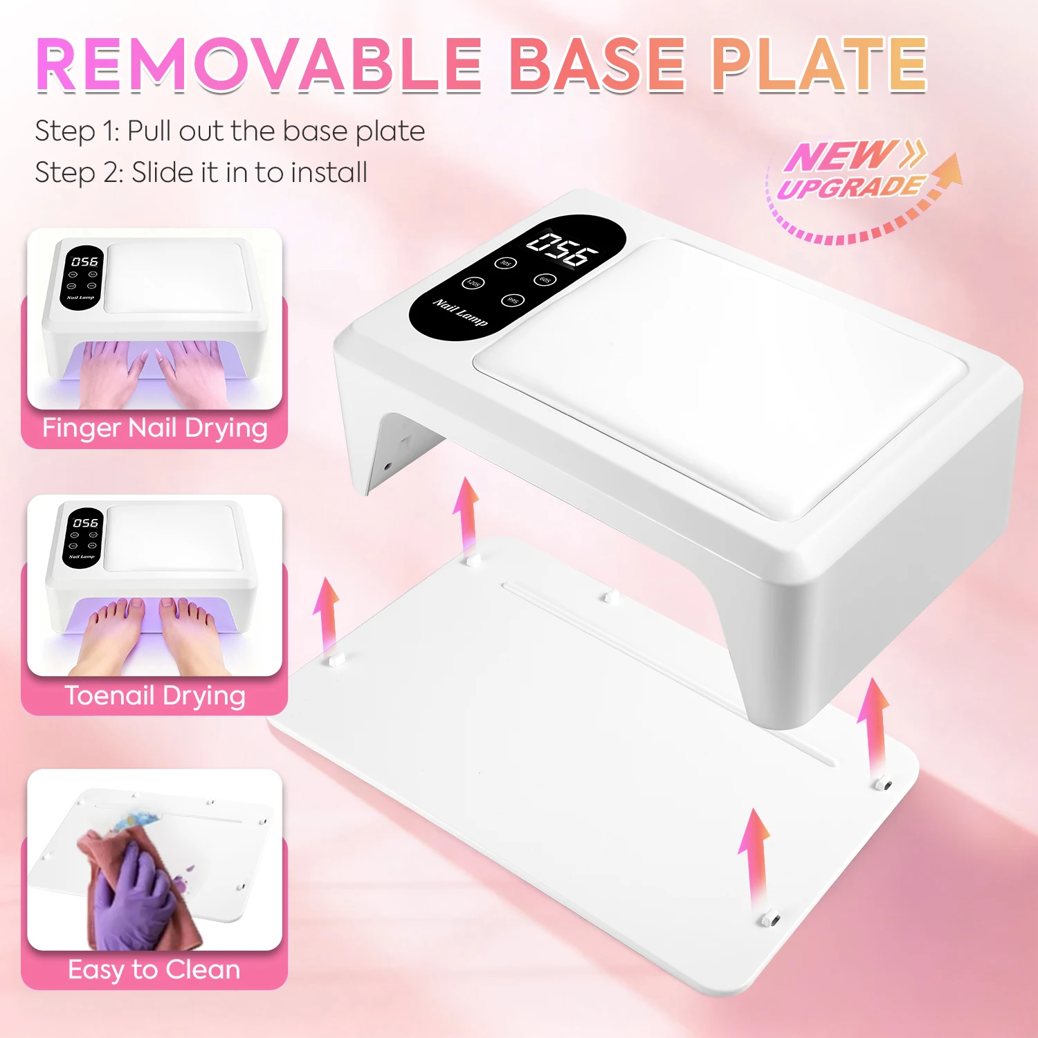 Ruime UV/LED-spijkerlamp met slimme sensor, 4 timermodi, verwijderbare voet en ingebouwde handsteun