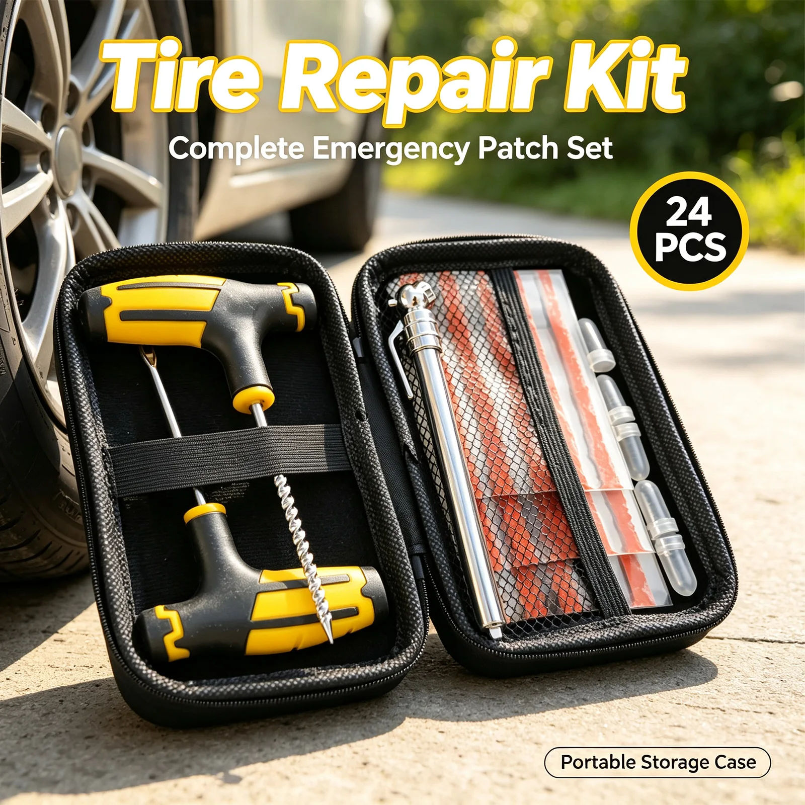 Emergency Tire Puncture Repair Kit 24Pcs Plug Strip Patch Tool Set T-Handle Pressure Pen Zip Case Car Motorbike Scooter