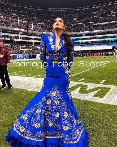 Traje de sirena azul real Charro vestidos formales de noche bordado floral dorado manga larga vestido de fiesta Mexicano Mariachi tamaño personalizado