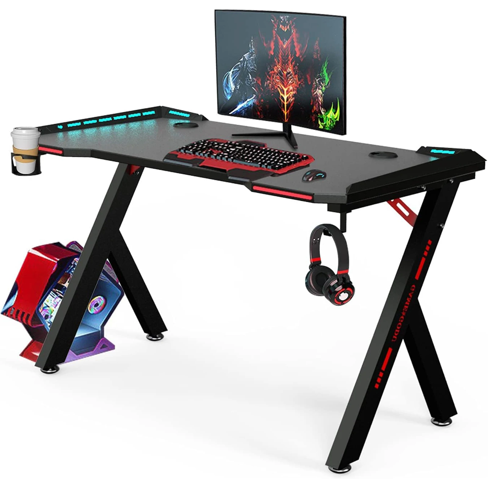 Gaming Desk RGB Lighting Home Office Desk Ergonomic Gamer Workstation, Carbon Fibre Surface, Cup Holder and Headphone Hook