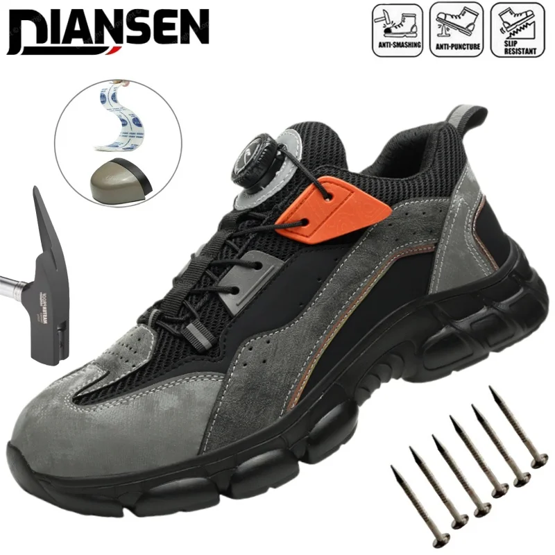 新しい回転ボタン建設作業安全靴男性スニーカー鋼つま先キャップ靴耐パンク作業安全靴ブーツ