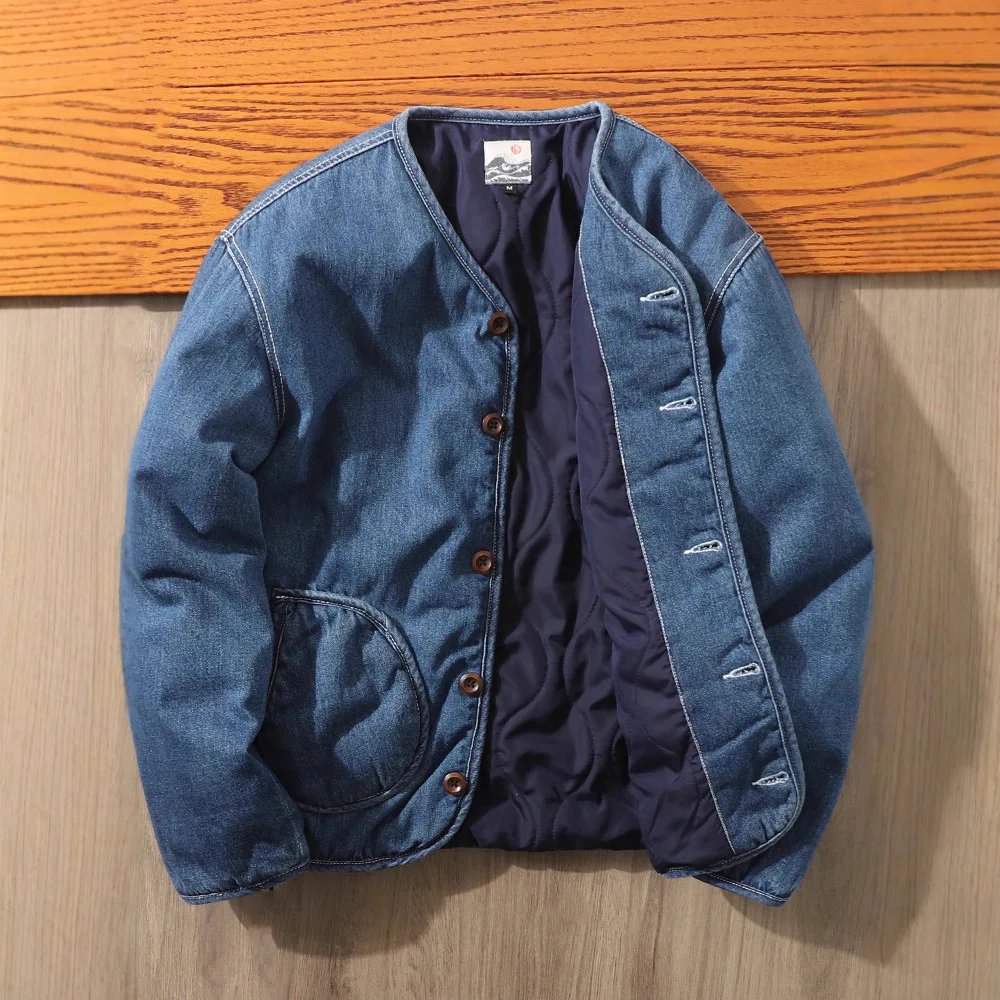KIDCRKJ Vielseitige Herbst-Winter-Jeansjacke Modische V-Ausschnitt Langarm Herren Cargo-Mantel Einreihig mit Taschen Herren-Oberbekleidung