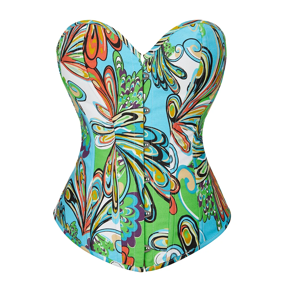 Butterfly Print Overbust Corset Vintage Korsett Chest Binder Waist Bustier Top Basques